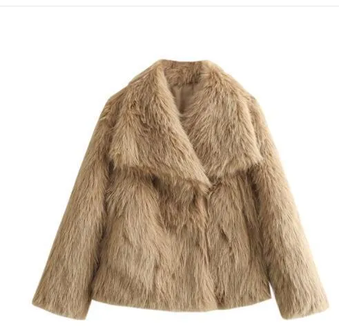 Autumn Winter Women Fashion Solid Color Lapel Plush Faux Fur Long Sleeve Jacket - Image 9