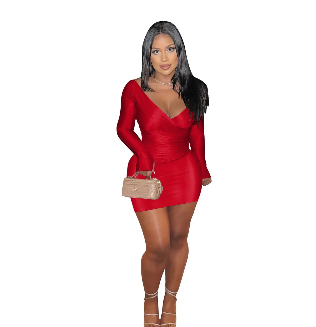 Women Sexy Off-Shoulder Big V-Neck Tight Long Sleeve Top Tight Skirt Solid Color Set - Image 8