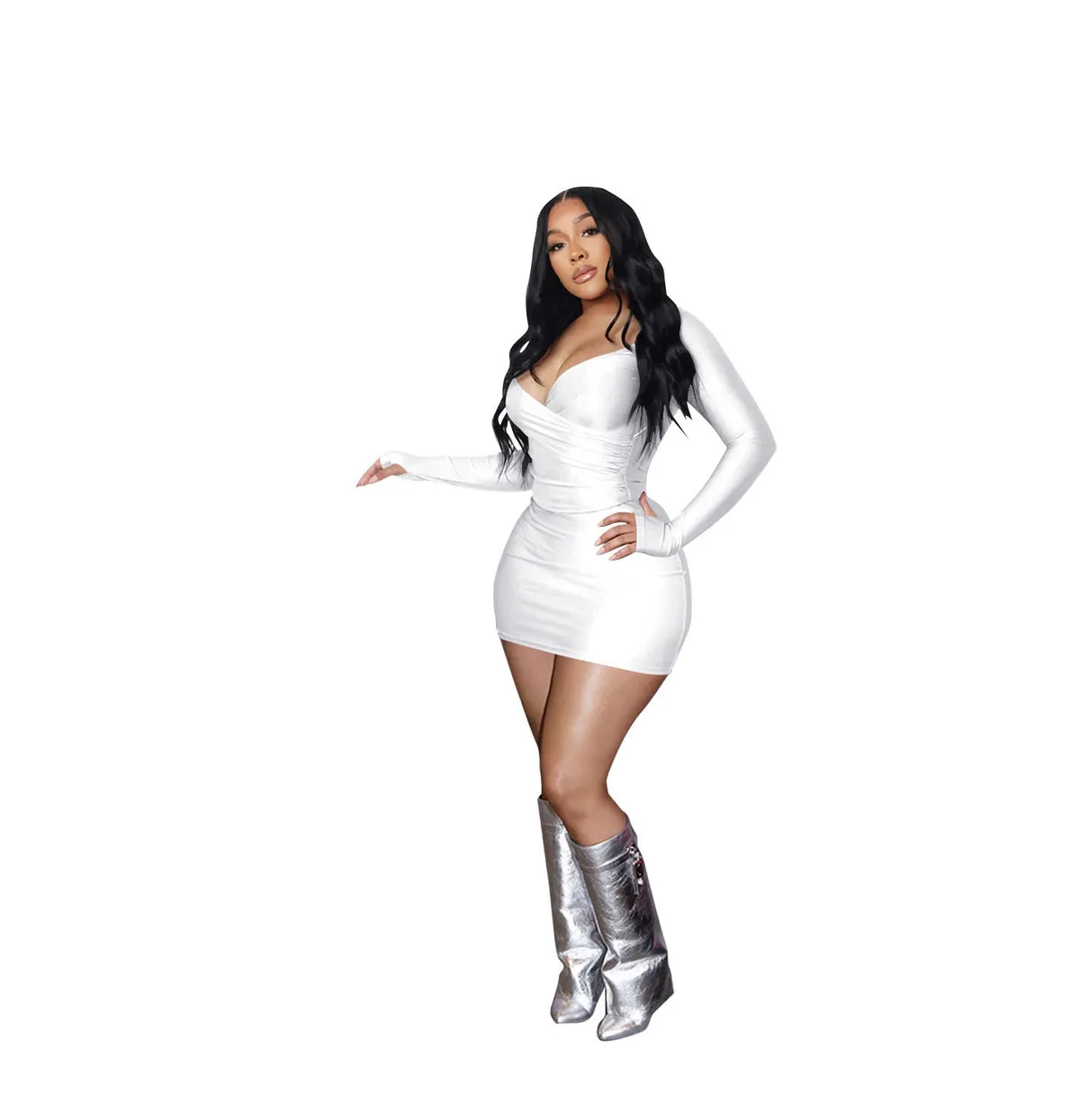 Women Sexy Off-Shoulder Big V-Neck Tight Long Sleeve Top Tight Skirt Solid Color Set - Image 9