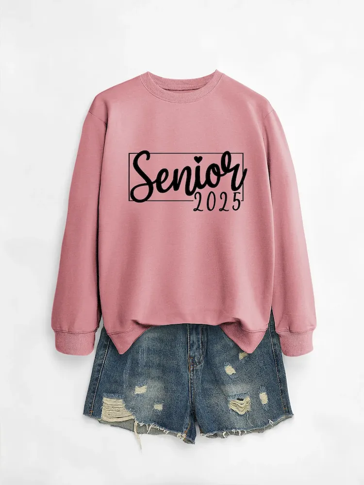 Women Casual Solid Color 2025 Letter Print Round Neck Long Sleeve Sweatshirt - Image 19