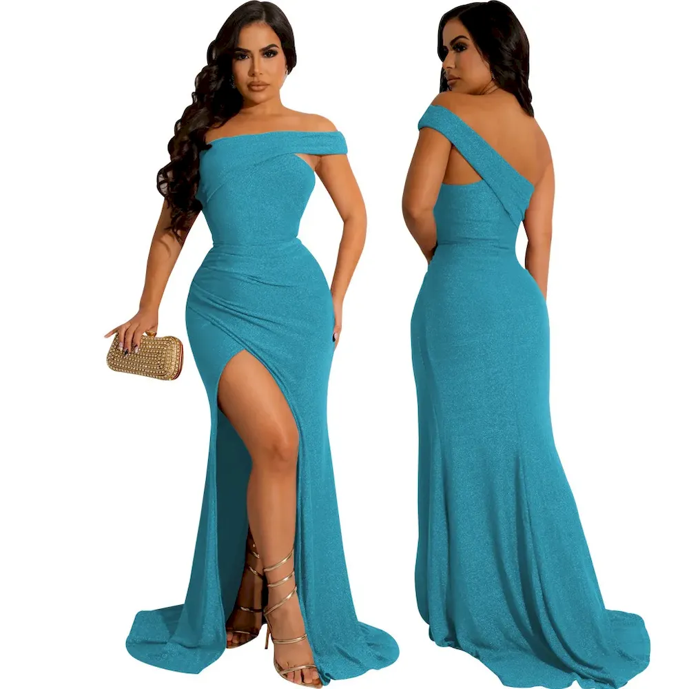 Women Fashion Sexy Oblique Shoulder Split Tight Party Dress - Image 5