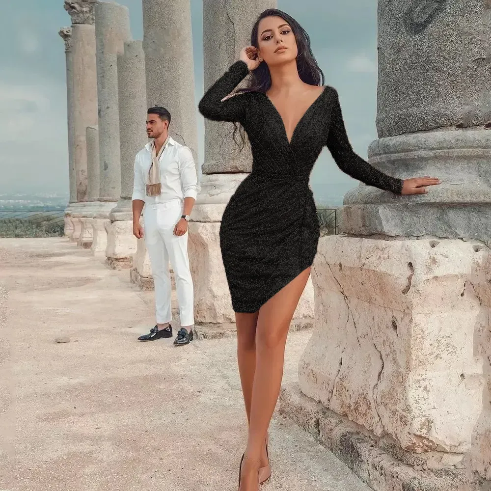 Women Sexy Deep V Long Sleeve Slim Irregular Hemline Party Sequin Dress - Image 6