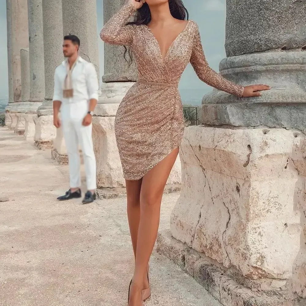 Women Sexy Deep V Long Sleeve Slim Irregular Hemline Party Sequin Dress - Image 7