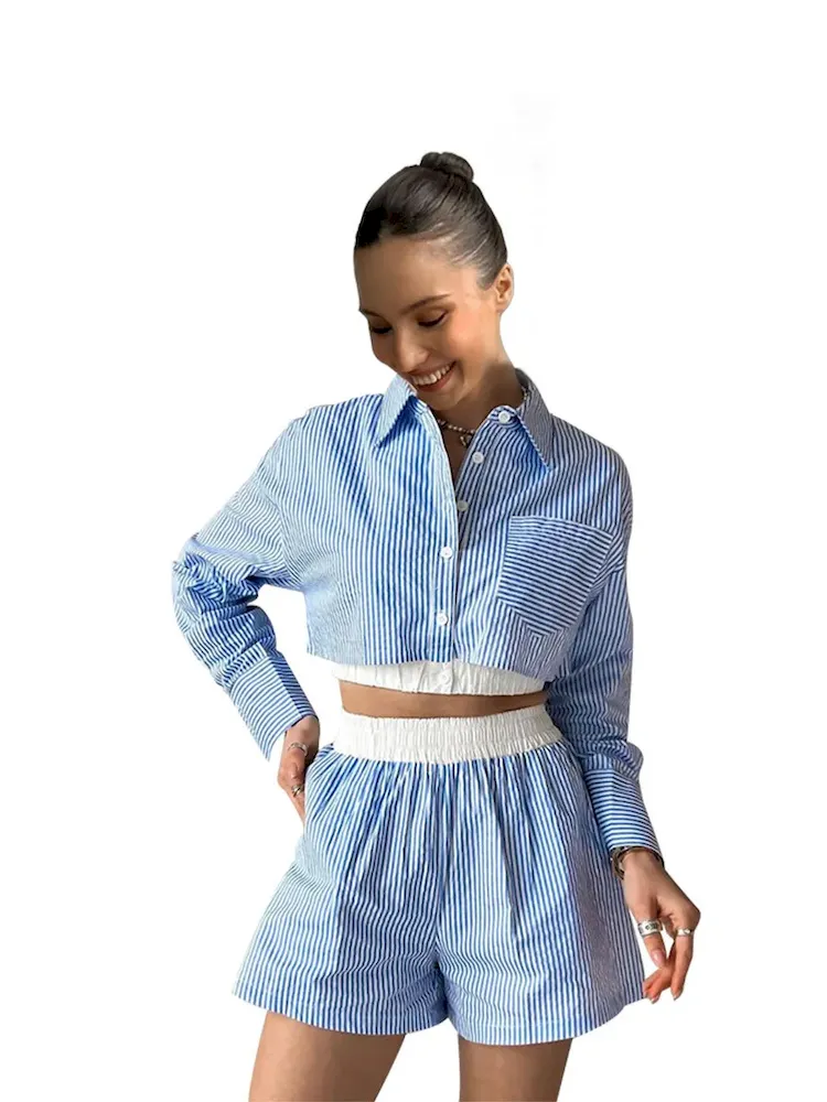 Women Fashion Stripe Long Sleeve Crop Shirt Shorts Set - Image 3