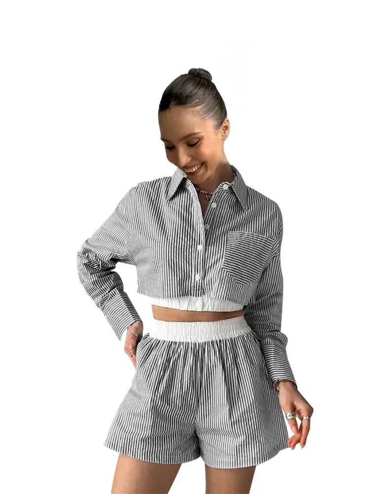 Women Fashion Stripe Long Sleeve Crop Shirt Shorts Set - Image 4
