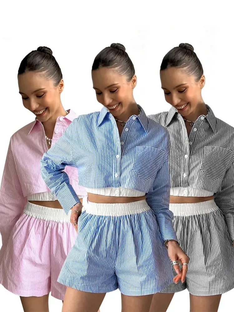 Women Fashion Stripe Long Sleeve Crop Shirt Shorts Set - Image 5