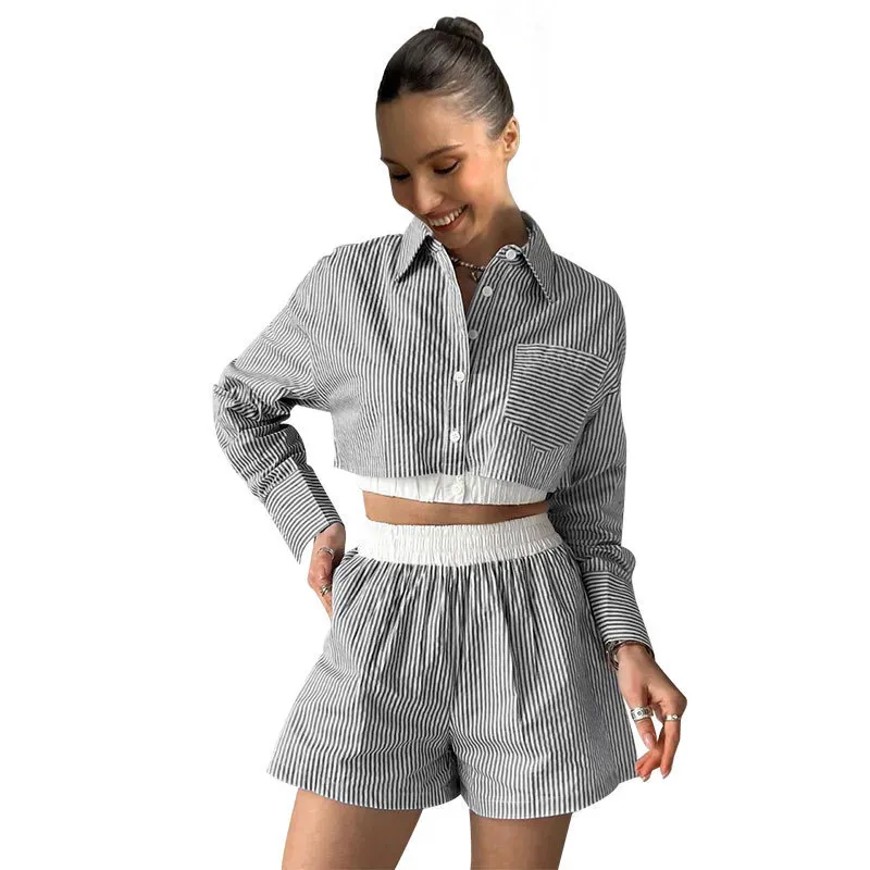 Women Fashion Stripe Long Sleeve Crop Shirt Shorts Set - Image 6