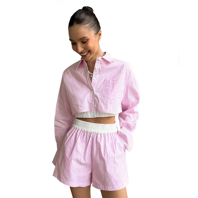 Women Fashion Stripe Long Sleeve Crop Shirt Shorts Set - Image 7