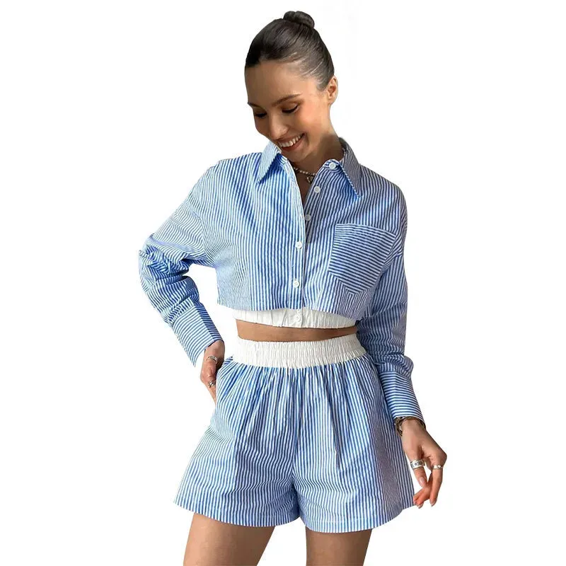 Women Fashion Stripe Long Sleeve Crop Shirt Shorts Set - Image 8