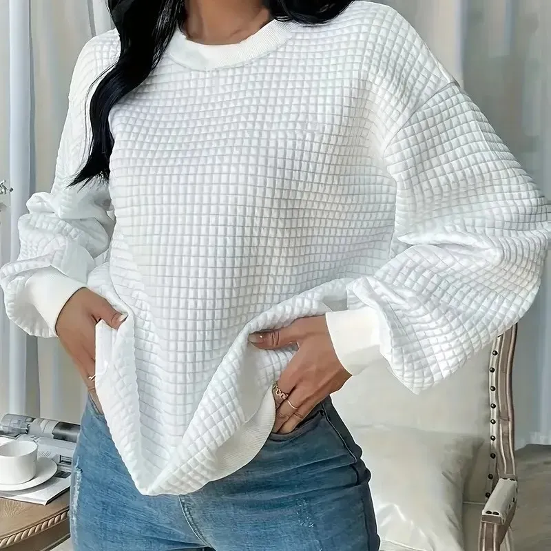 Women Fashion Casual Solid Color Plaid Crewneck Long Sleeve Sweatshirt