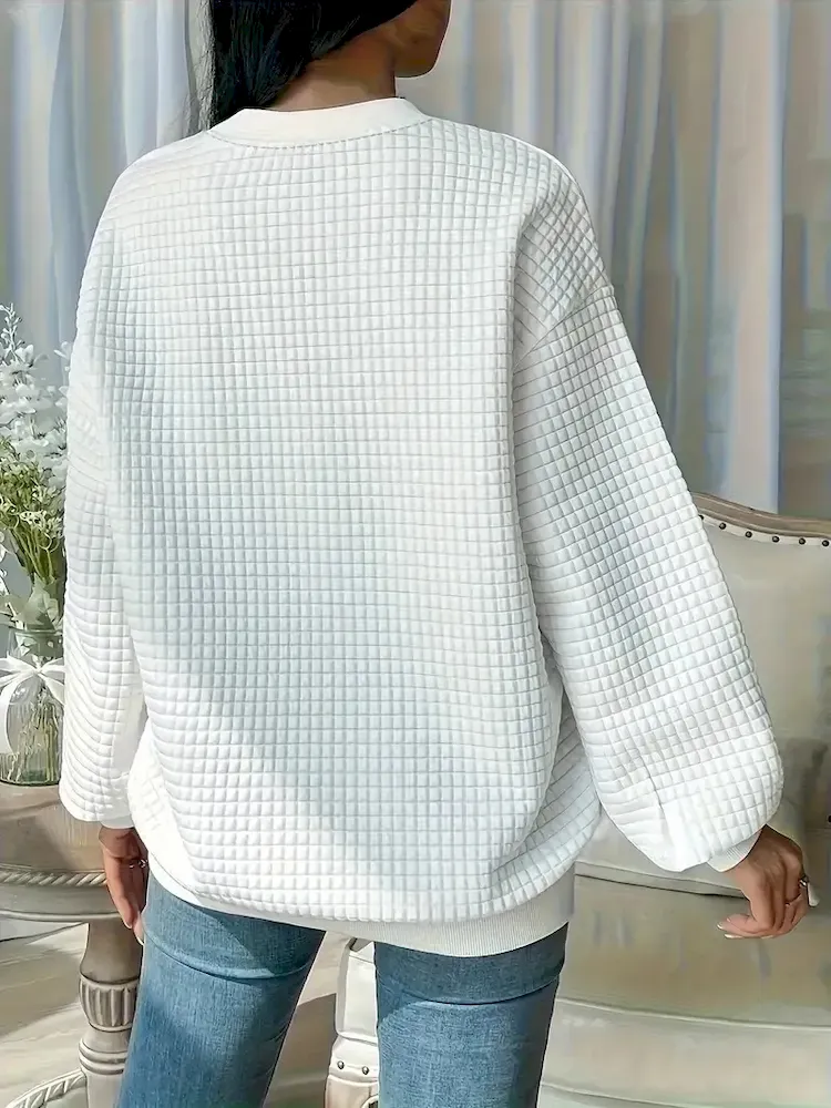Women Fashion Casual Solid Color Plaid Crewneck Long Sleeve Sweatshirt - Image 3