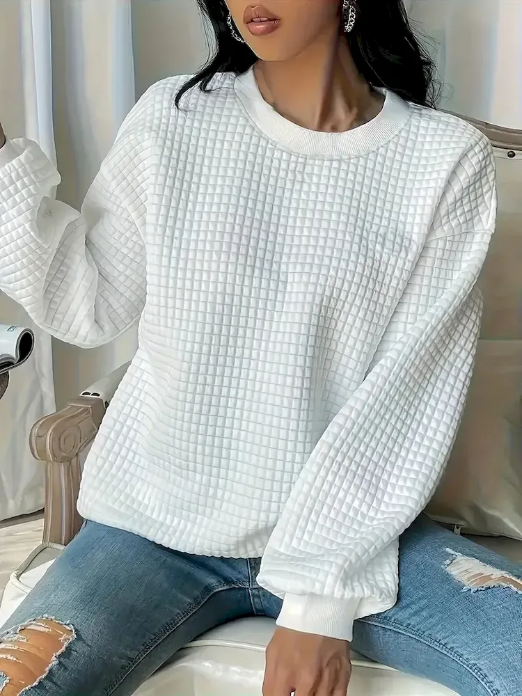 Women Fashion Casual Solid Color Plaid Crewneck Long Sleeve Sweatshirt - Image 4