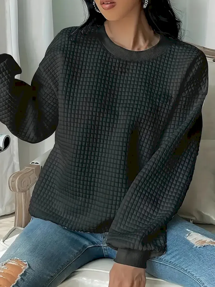 Women Fashion Casual Solid Color Plaid Crewneck Long Sleeve Sweatshirt - Image 5