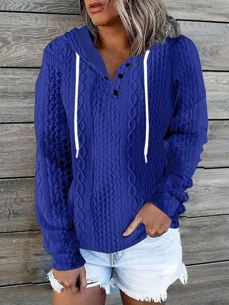 Women Fashion Casual V-Neck Drawstring Long Sleeve Knitted Jacquard Sweatshirt - Image 3