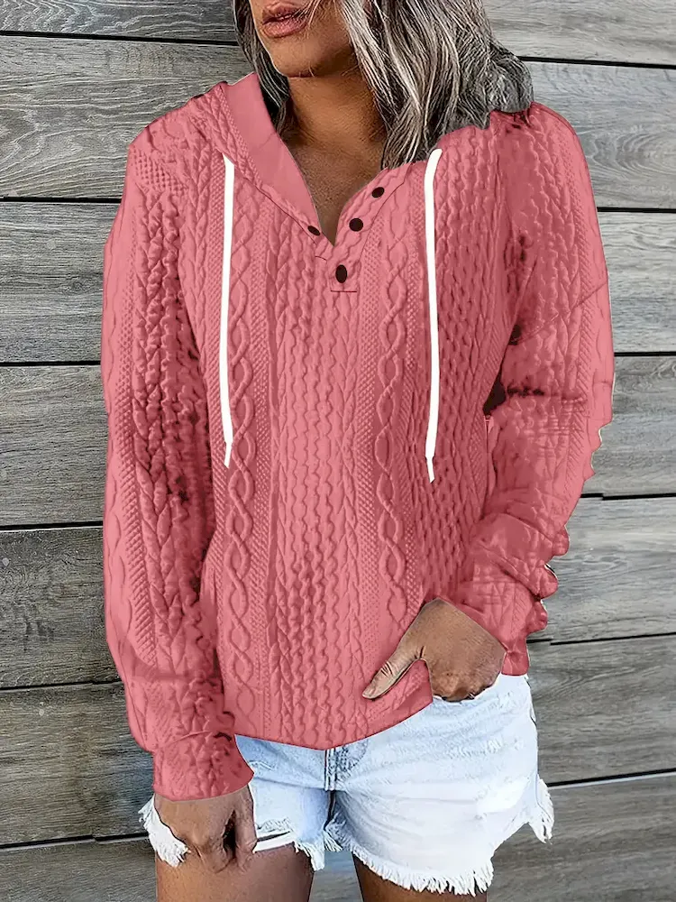 Women Fashion Casual V-Neck Drawstring Long Sleeve Knitted Jacquard Sweatshirt - Image 4