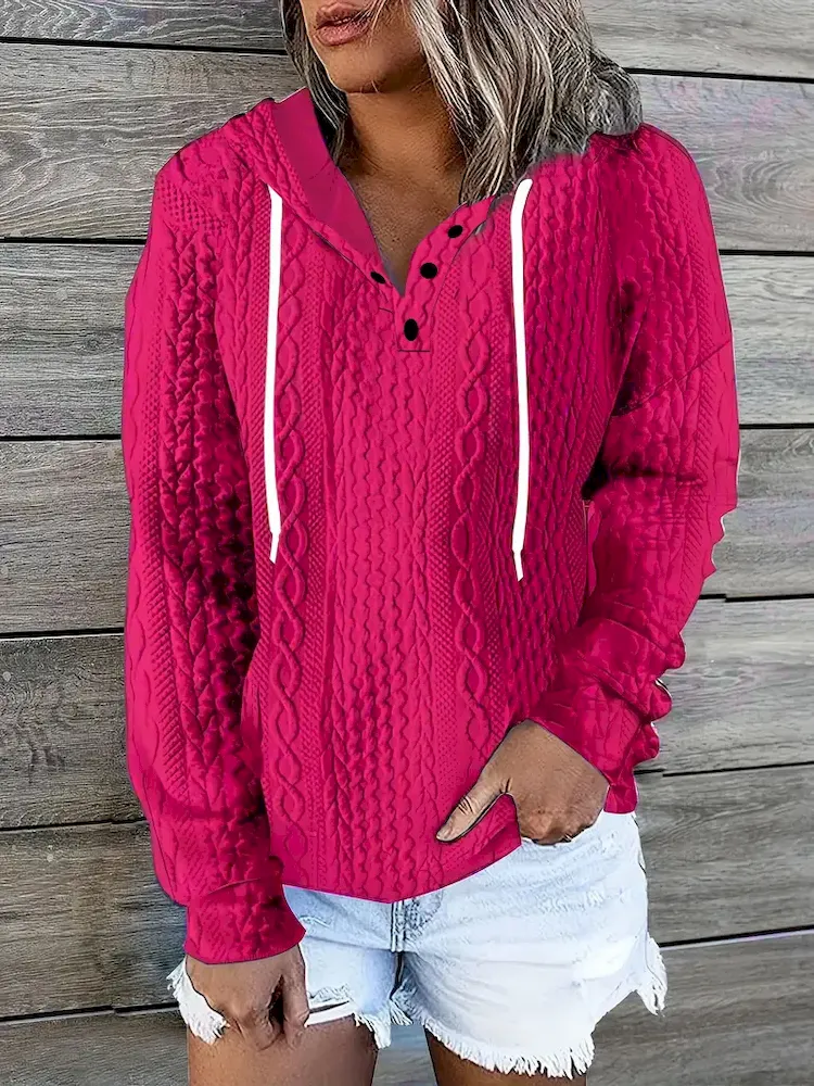Women Fashion Casual V-Neck Drawstring Long Sleeve Knitted Jacquard Sweatshirt - Image 5