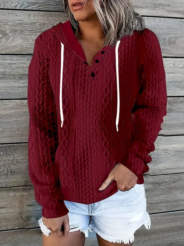 Women Fashion Casual V-Neck Drawstring Long Sleeve Knitted Jacquard Sweatshirt - Image 7