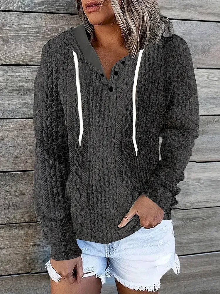 Women Fashion Casual V-Neck Drawstring Long Sleeve Knitted Jacquard Sweatshirt - Image 8
