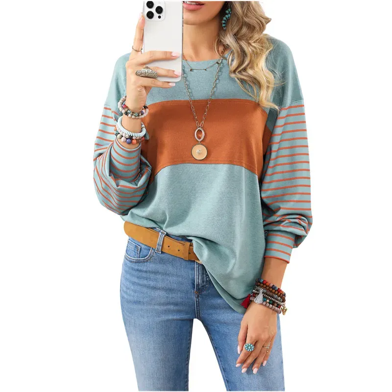 Women Fashion Casual Stripe Print Crewneck Long Sleeve Sweatshirt - Image 4