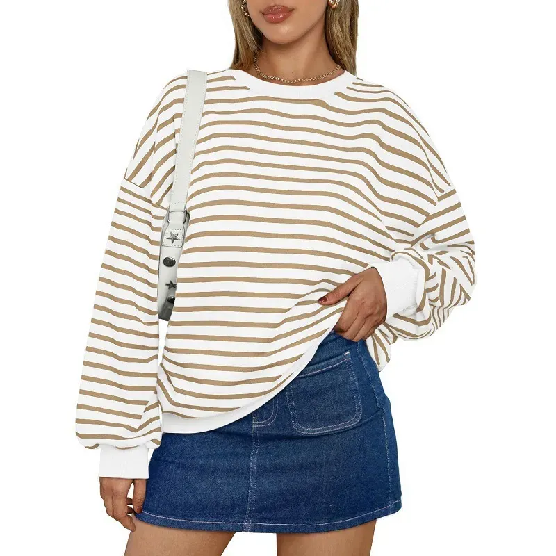 Autumn Winter Women Simple Stripe Print Round Neck Long Sleeve Sweatshirt - Image 3