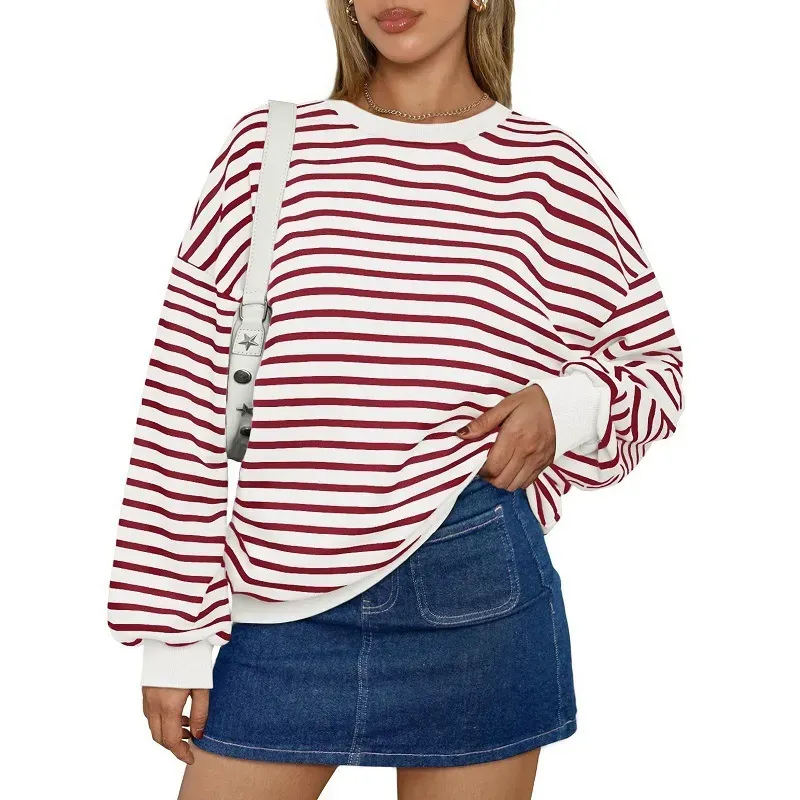 Autumn Winter Women Simple Stripe Print Round Neck Long Sleeve Sweatshirt - Image 4