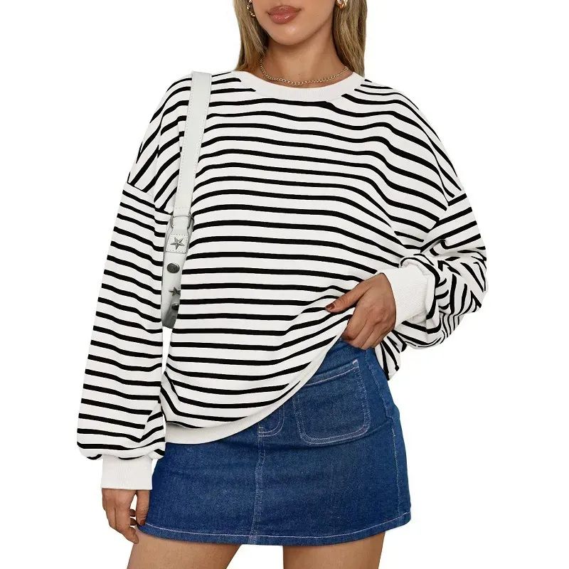 Autumn Winter Women Simple Stripe Print Round Neck Long Sleeve Sweatshirt - Image 5