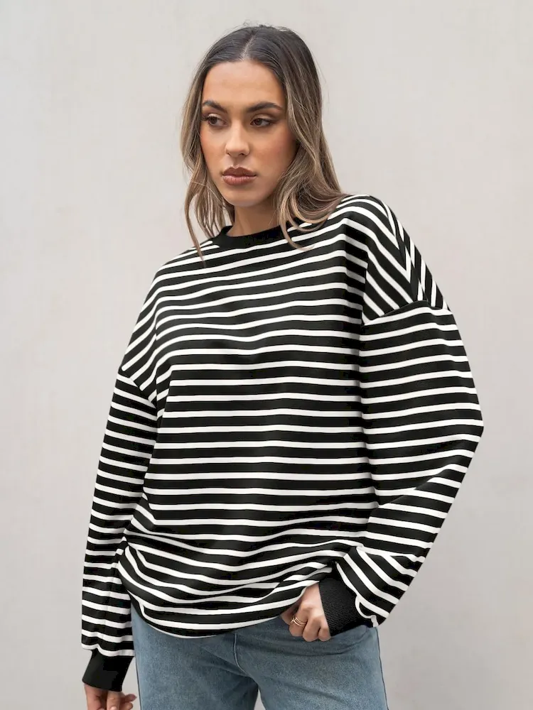 Autumn Winter Women Simple Stripe Print Round Neck Long Sleeve Sweatshirt - Image 6
