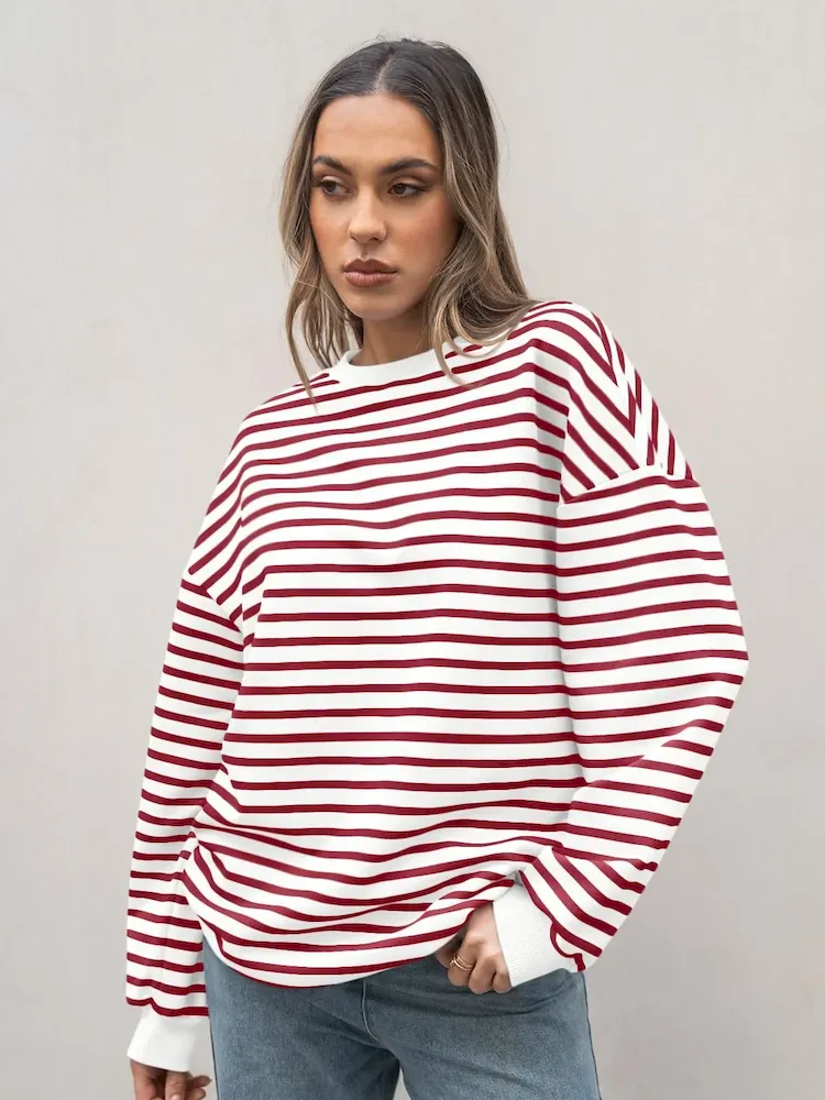 Autumn Winter Women Simple Stripe Print Round Neck Long Sleeve Sweatshirt - Image 7
