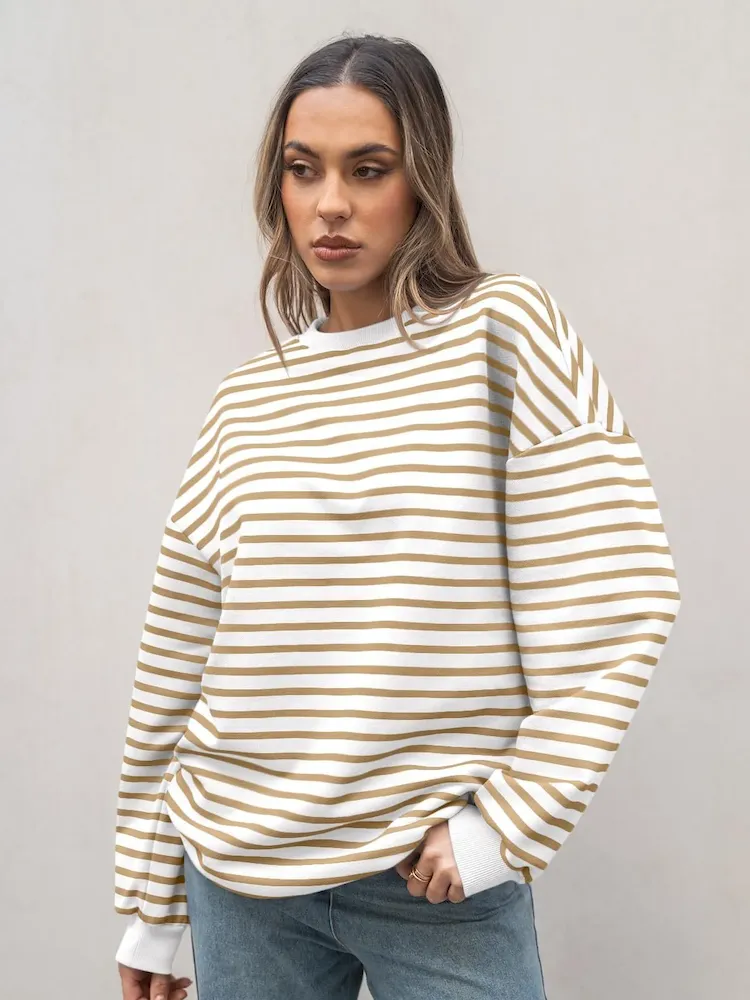 Autumn Winter Women Simple Stripe Print Round Neck Long Sleeve Sweatshirt - Image 8