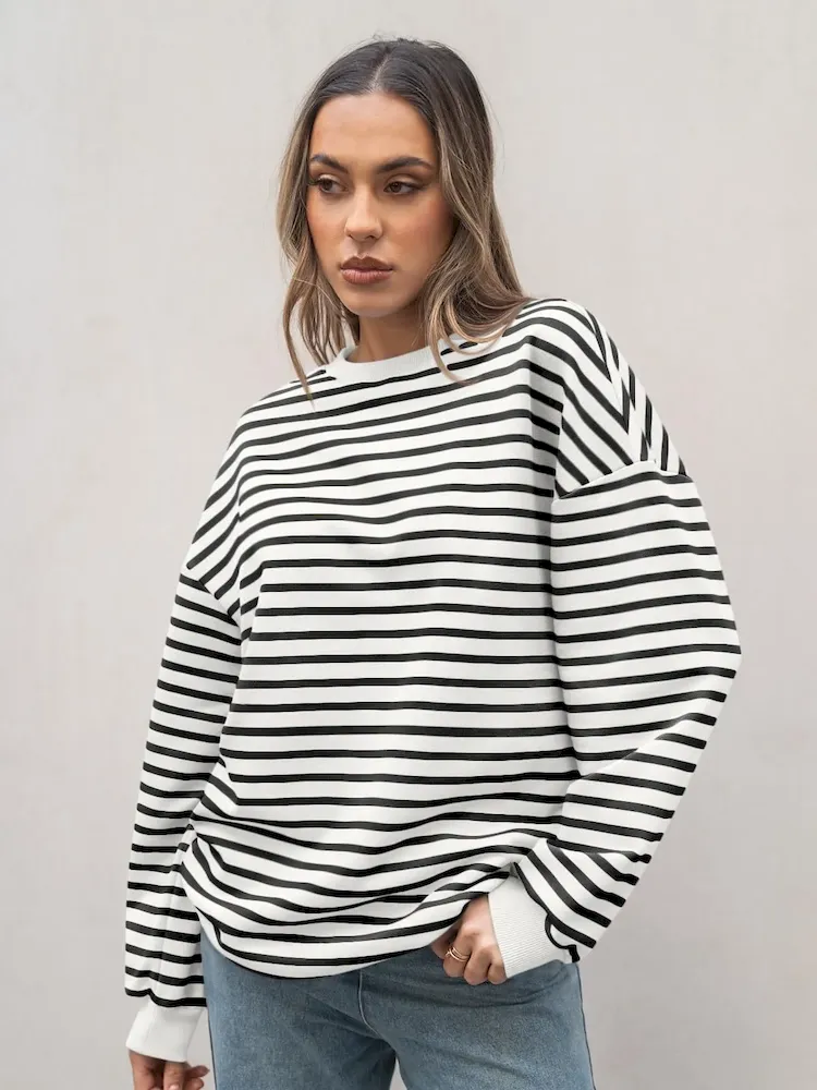 Autumn Winter Women Simple Stripe Print Round Neck Long Sleeve Sweatshirt - Image 9
