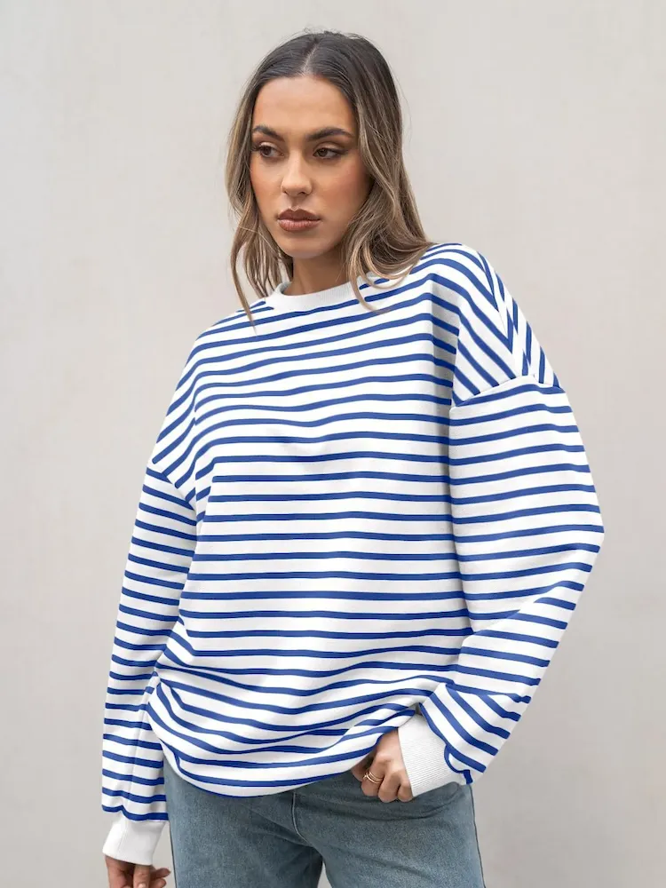 Autumn Winter Women Simple Stripe Print Round Neck Long Sleeve Sweatshirt - Image 10