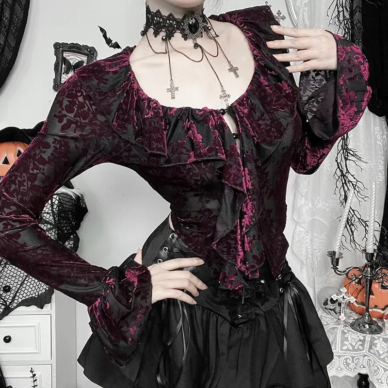 Summer Women Vintage Gothic V-Neck Floral Print Long Sleeve Top - Image 3