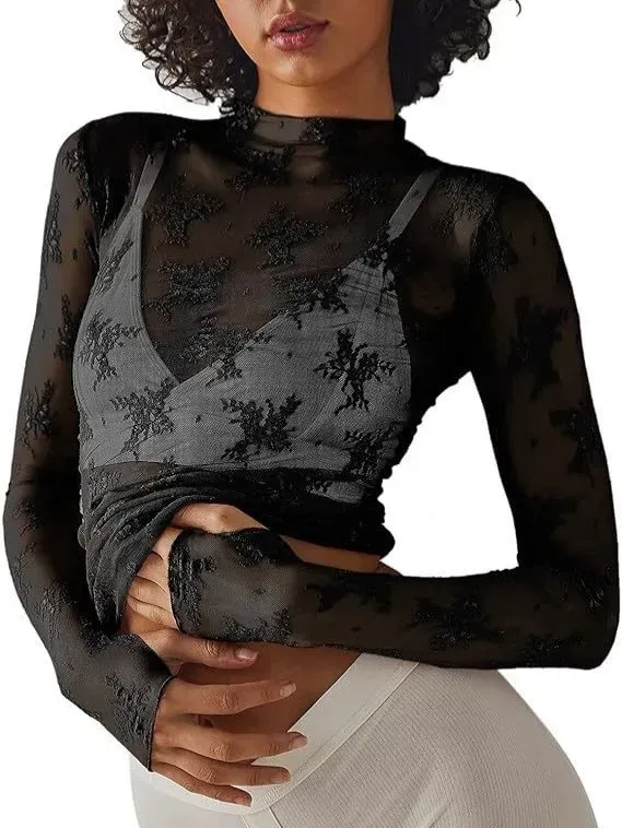 Women Fashion Sexy Lace Perspective Round Neck Long Sleeve Base Shirt - Image 3