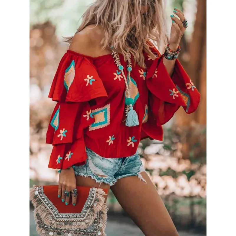 Women Fashion Bohemian Ethnic Print Off Shoulder Long Sleeve Shirt - Image 3