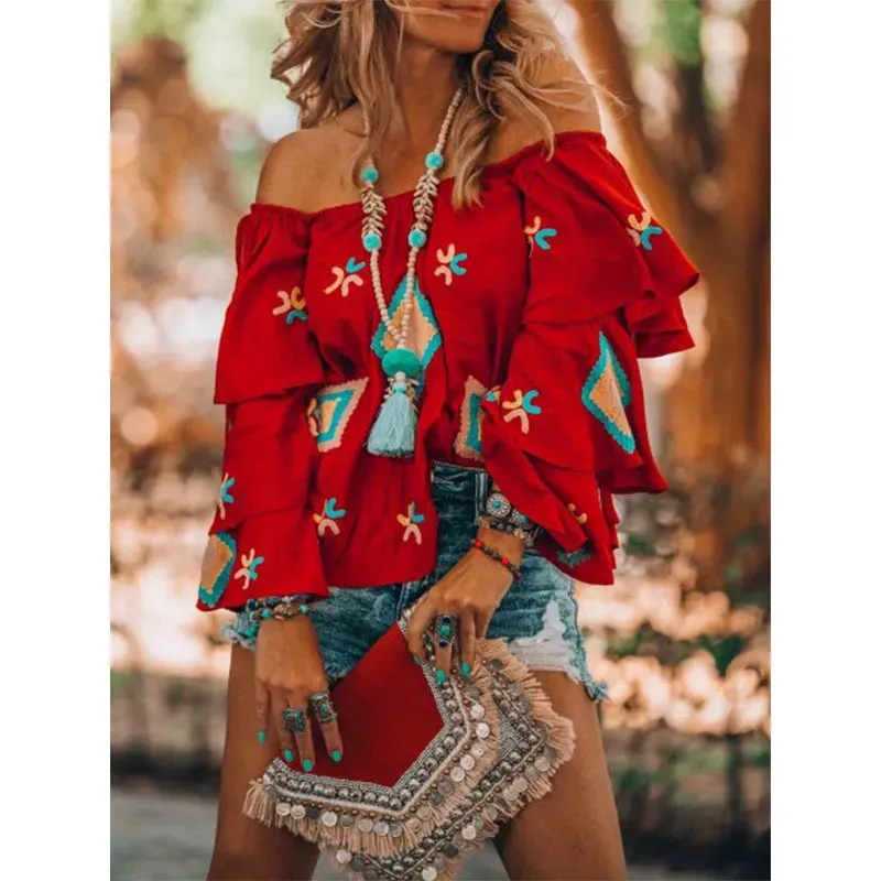 Women Fashion Bohemian Ethnic Print Off Shoulder Long Sleeve Shirt - Image 4