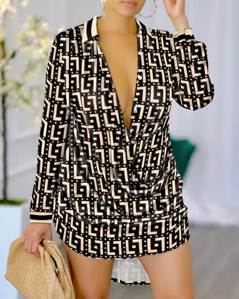 Women Fashion V-Neck Geometric Letter Leopard Print Long Sleeve Shirt - Image 8