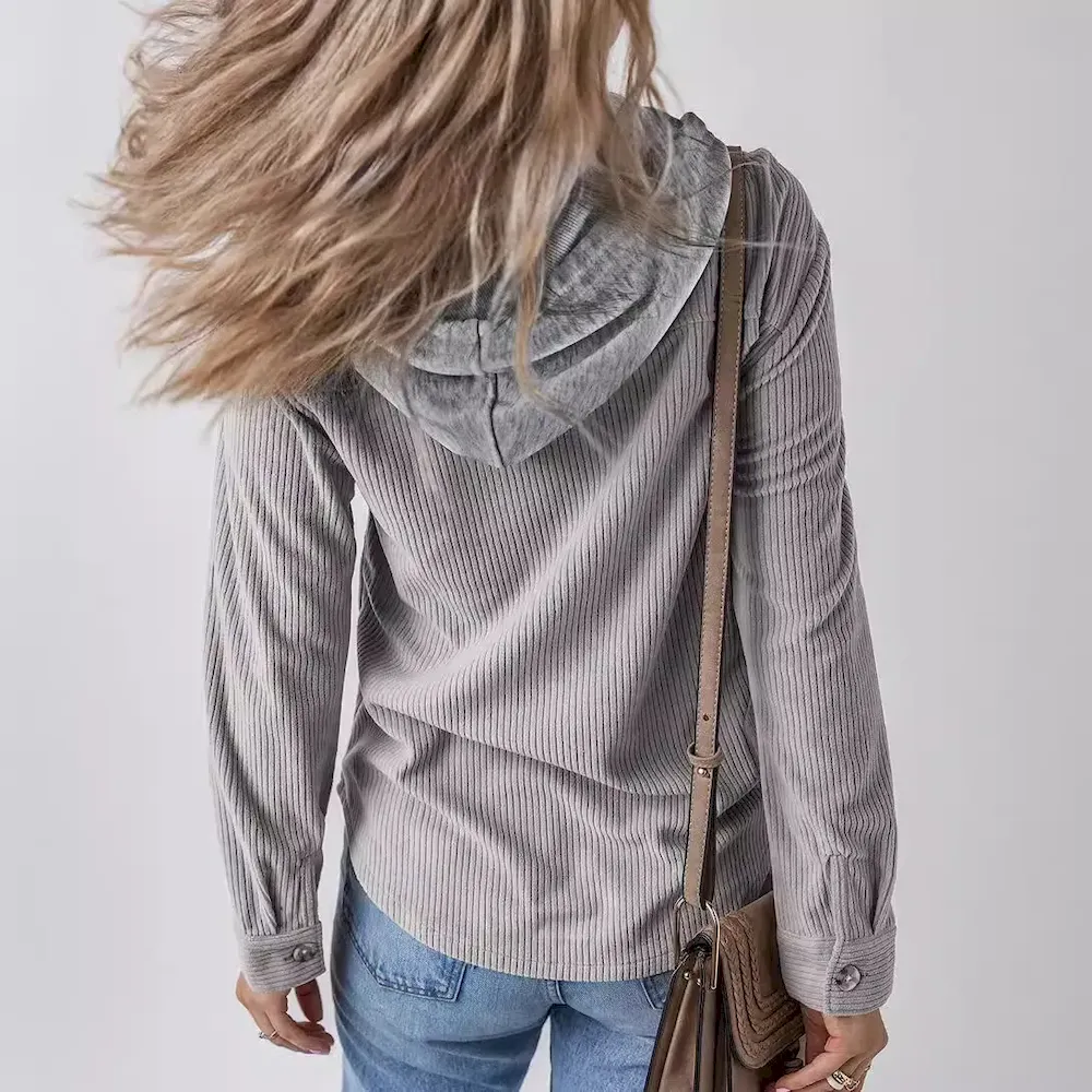 Autumn Winter Women Fashion Lapel Hooded Drawstring Stripe Long Sleeve Coat - Image 3