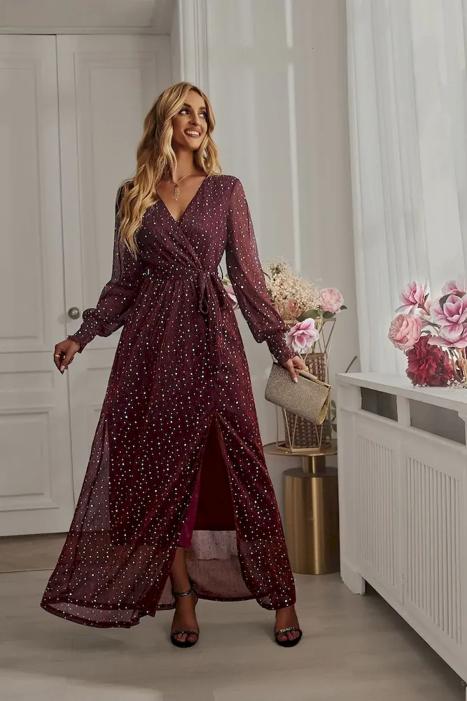 Women Fashion Sexy V-Neck Sequin Split Long Sleeve Party Dress - Image 6