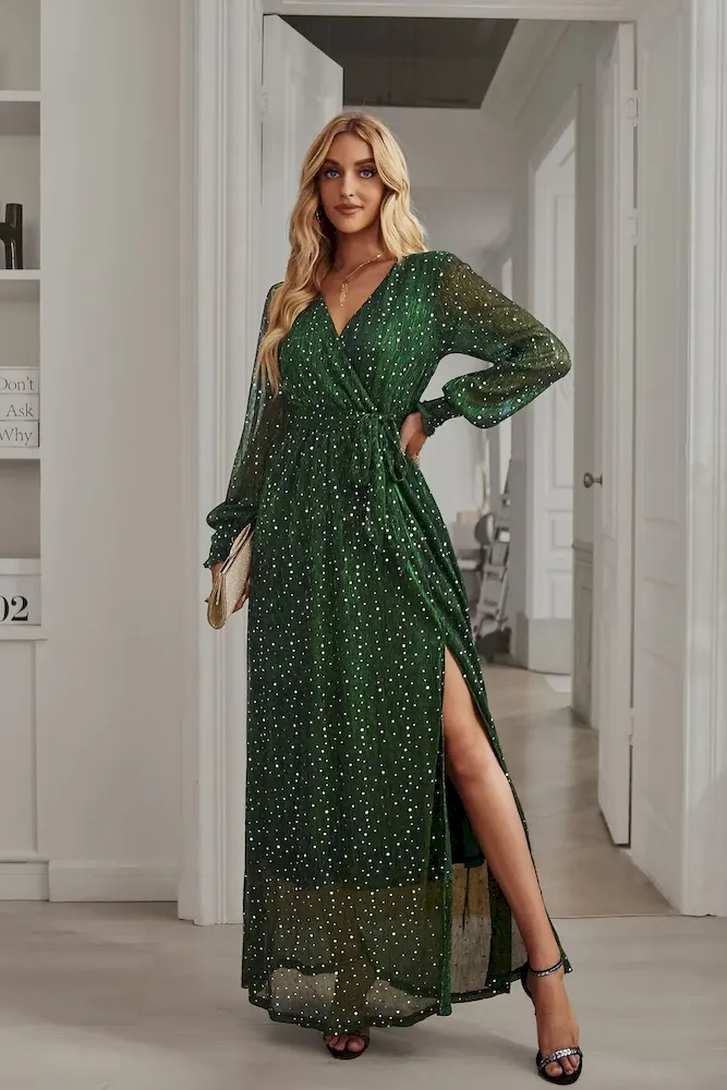 Women Fashion Sexy V-Neck Sequin Split Long Sleeve Party Dress - Image 7