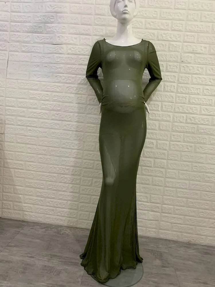 Pregnant Women Fashion Sexy High Stretch Mesh Perspective Round Neck Long Sleeve Dress - Image 8