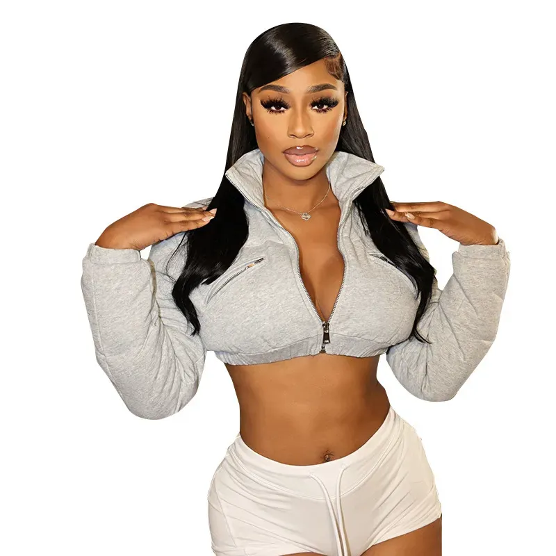 Women Women Sexy Solid Color Zipper Cropped Coat - Image 5