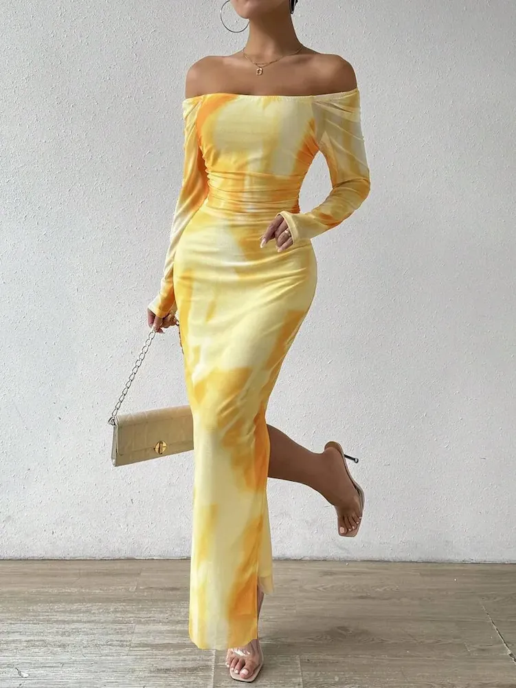 Women Sexy Shoulder Print Mesh Bodycon Maxi Dress - Image 9