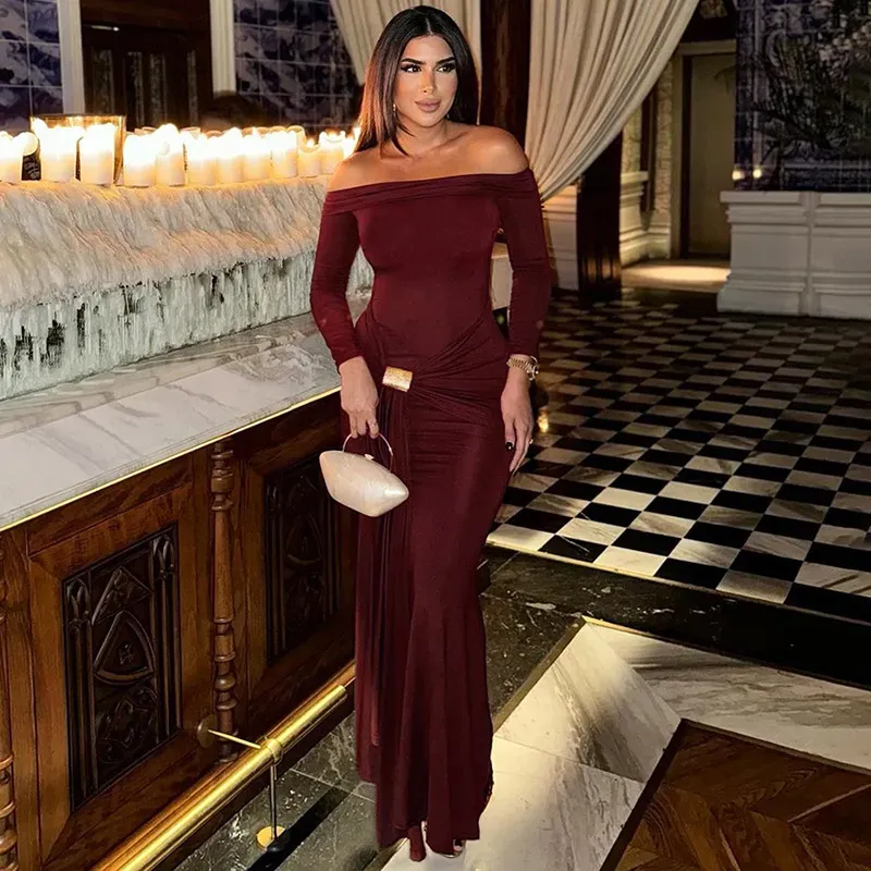 Women Elegant Off-Shoulder Solid Color Long Sleeve Bodycon Maxi Dress - Image 7