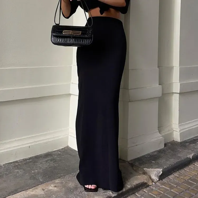 Summer Women Fashion Solid Color Black Long Skirt - Image 3