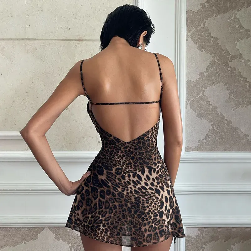 Women Fashion Sexy Leopard V-Neck Sleeveless Backless Dress - Image 4