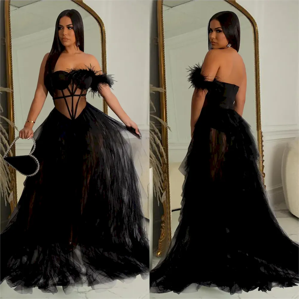 Fashion Women Solid Color Off-Shouder Mesh Formal Dress - Image 3
