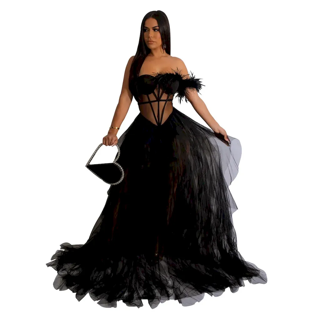 Fashion Women Solid Color Off-Shouder Mesh Formal Dress - Image 6