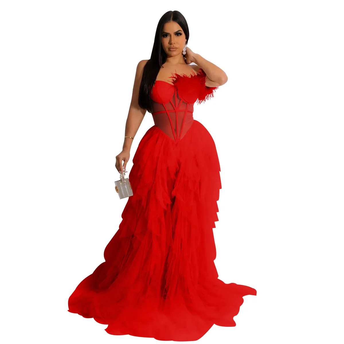 Fashion Women Solid Color Off-Shouder Mesh Formal Dress - Image 7