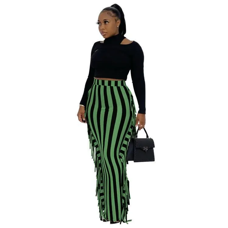Women Fashion Slim-Fit Printed Stripe-Side Tassel Skirt - Image 3