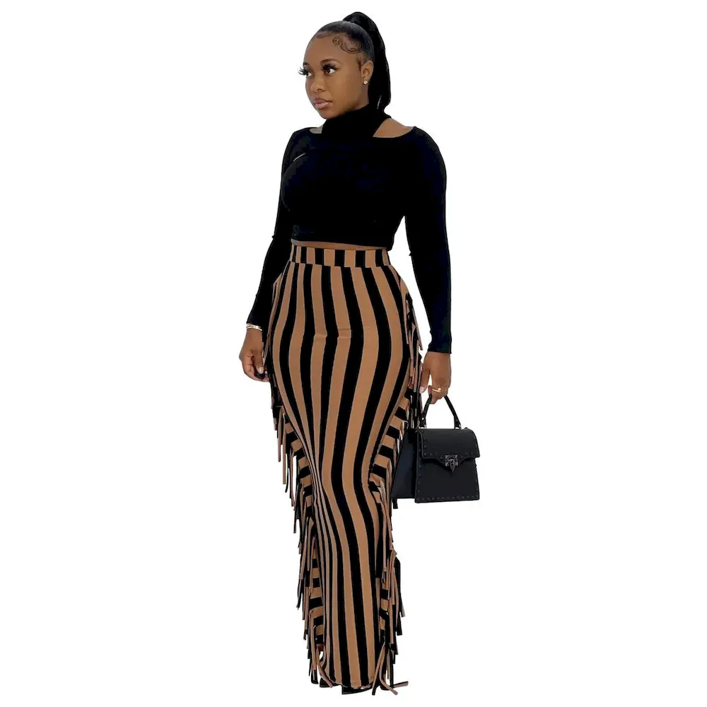 Women Fashion Slim-Fit Printed Stripe-Side Tassel Skirt - Image 7